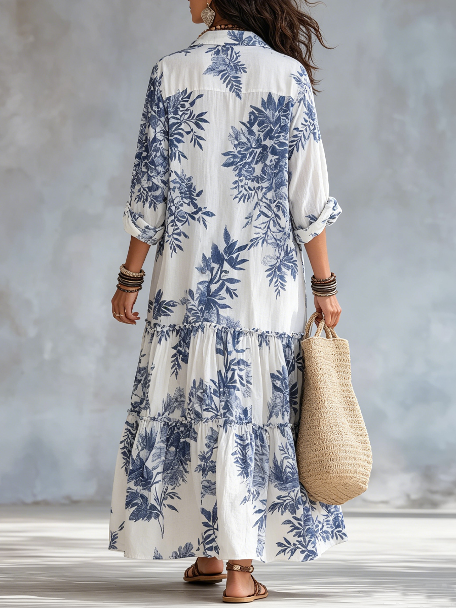 Blue Floral Button-Down Maxi Dress