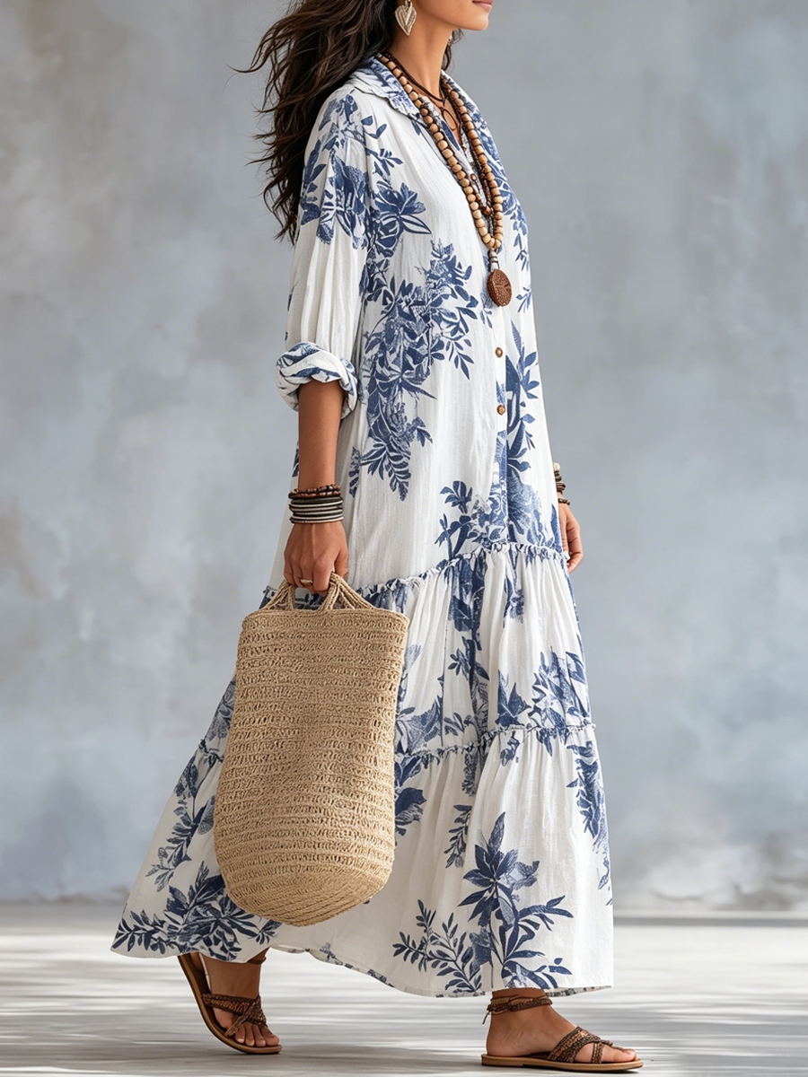 Blue Floral Button-Down Maxi Dress