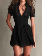 Black Smocked Lace-Trim Mini Dress