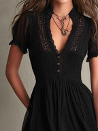Black Smocked Lace-Trim Mini Dress