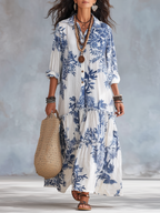 Blue Floral Button-Down Maxi Dress