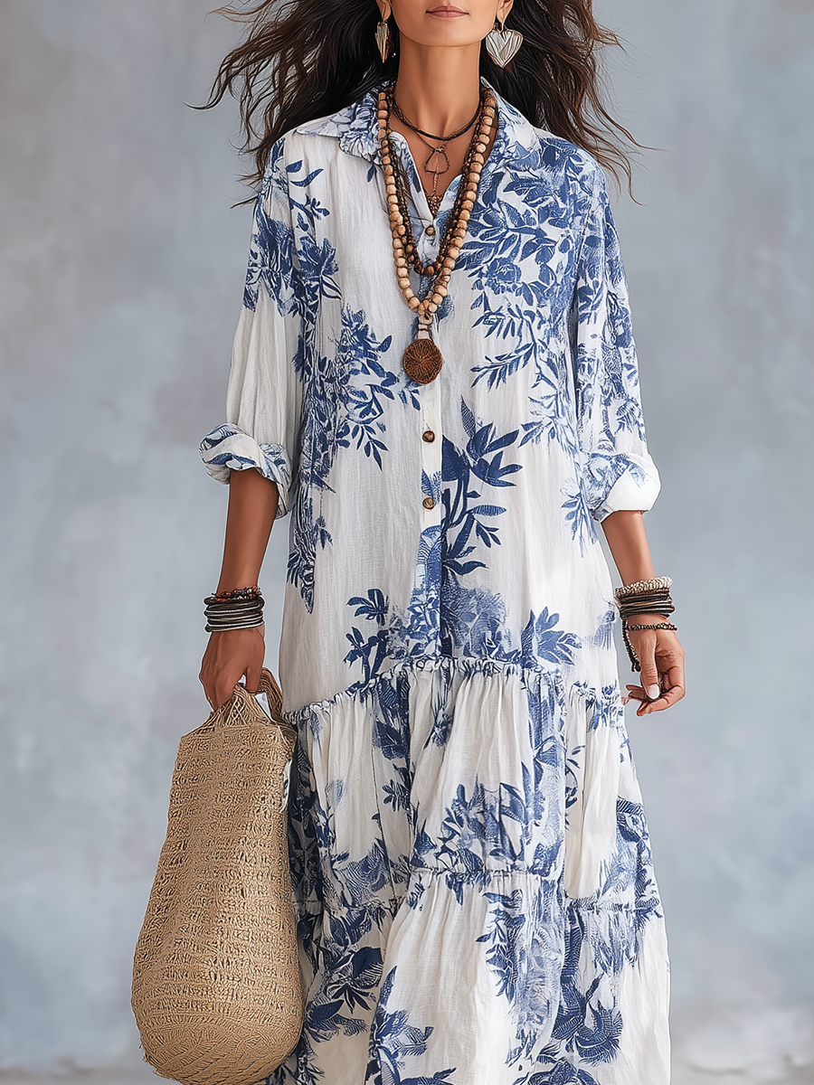 Blue Floral Button-Down Maxi Dress - Eliza Blake