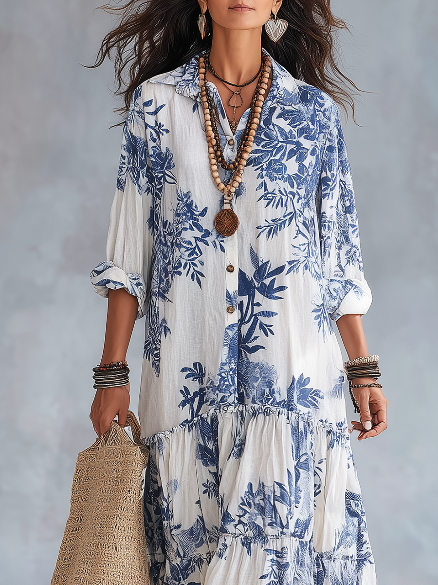 Blue Floral Button-Down Maxi Dress - Eliza Blake