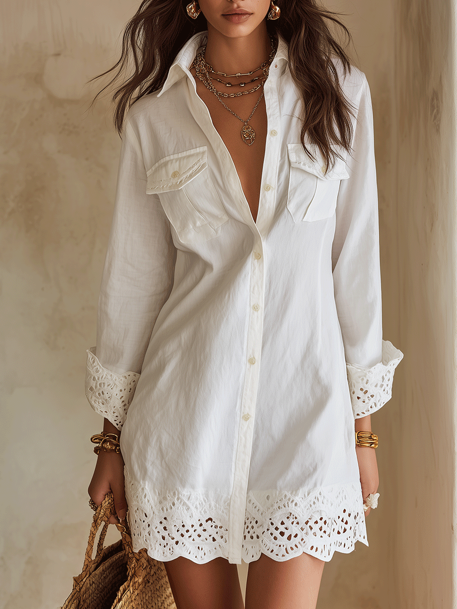 White Eyelet Shirt Mini Dress - Eliza Blake