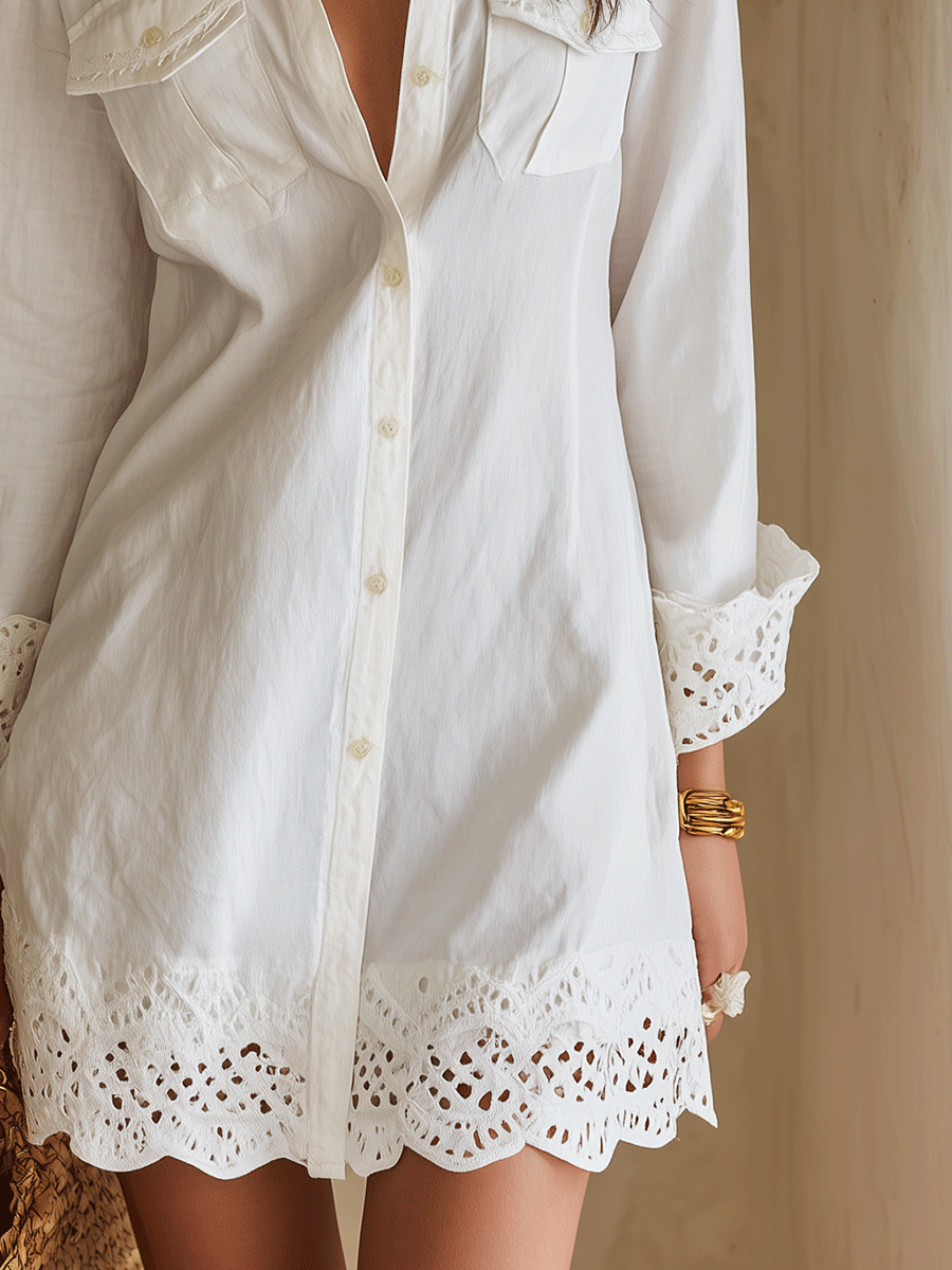 White Eyelet Shirt Mini Dress - Eliza Blake