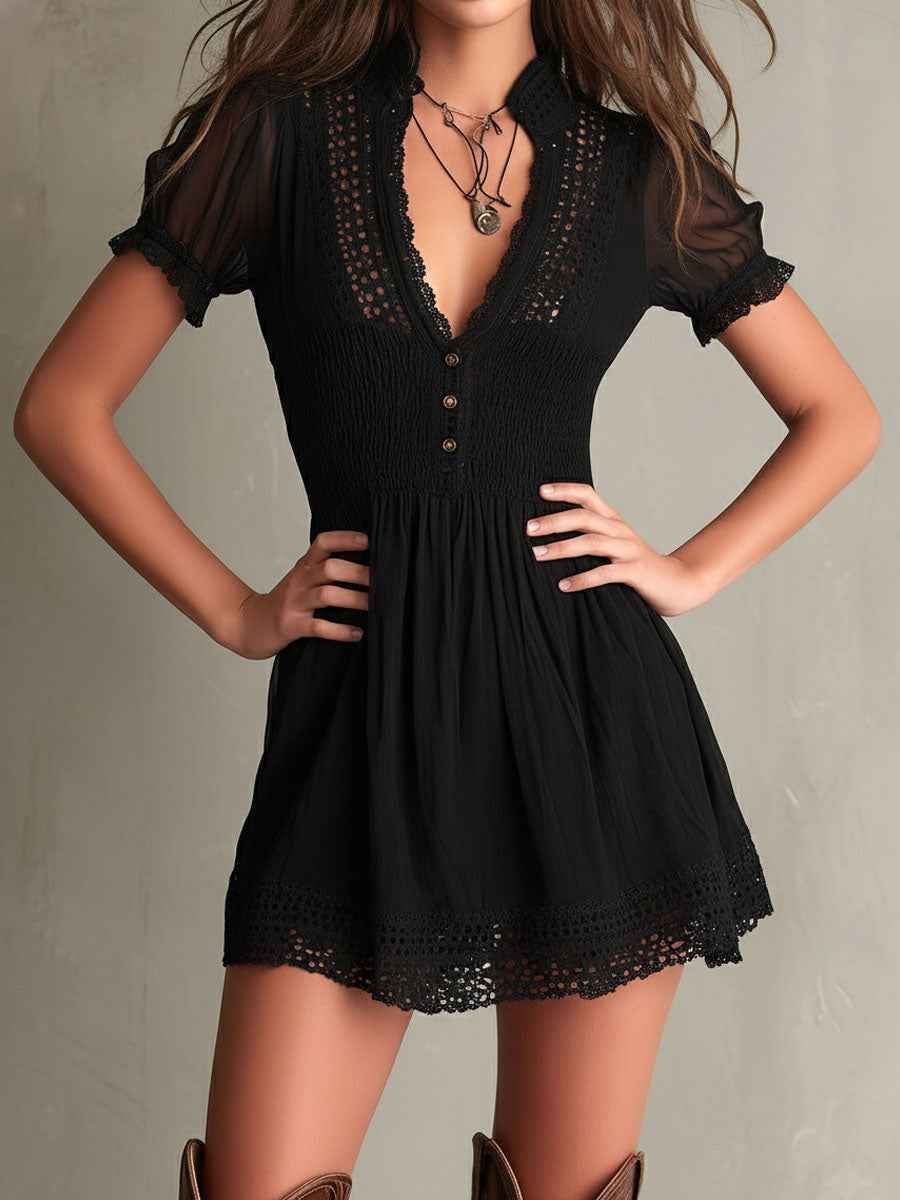 Black Smocked Lace-Trim Mini Dress
