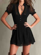 Black Smocked Lace-Trim Mini Dress