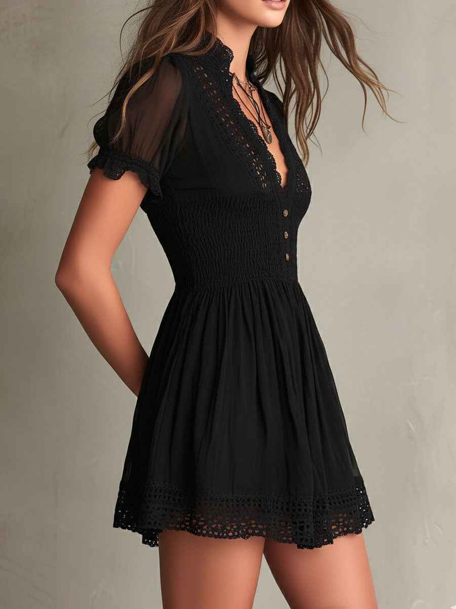 Black Smocked Lace-Trim Mini Dress
