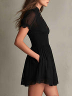 Black Smocked Lace-Trim Mini Dress