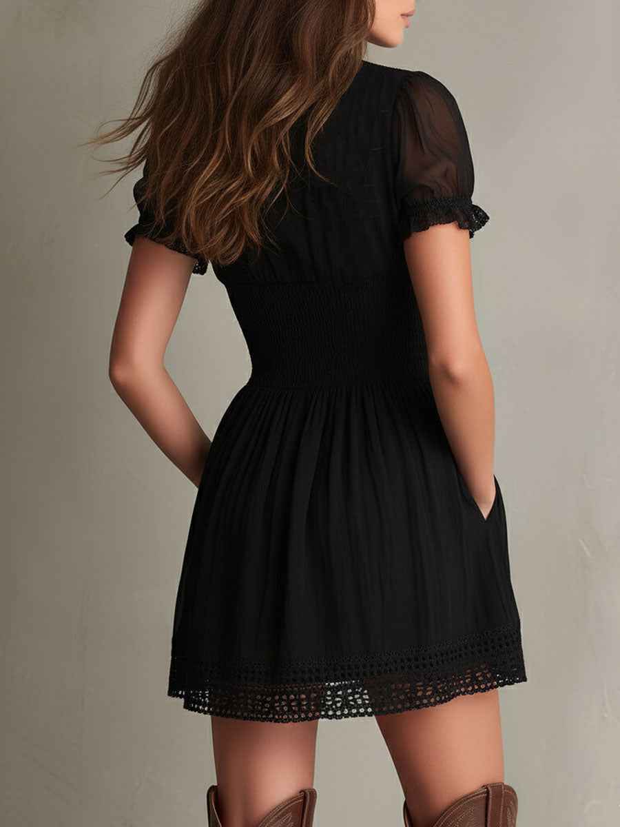 Black Smocked Lace-Trim Mini Dress
