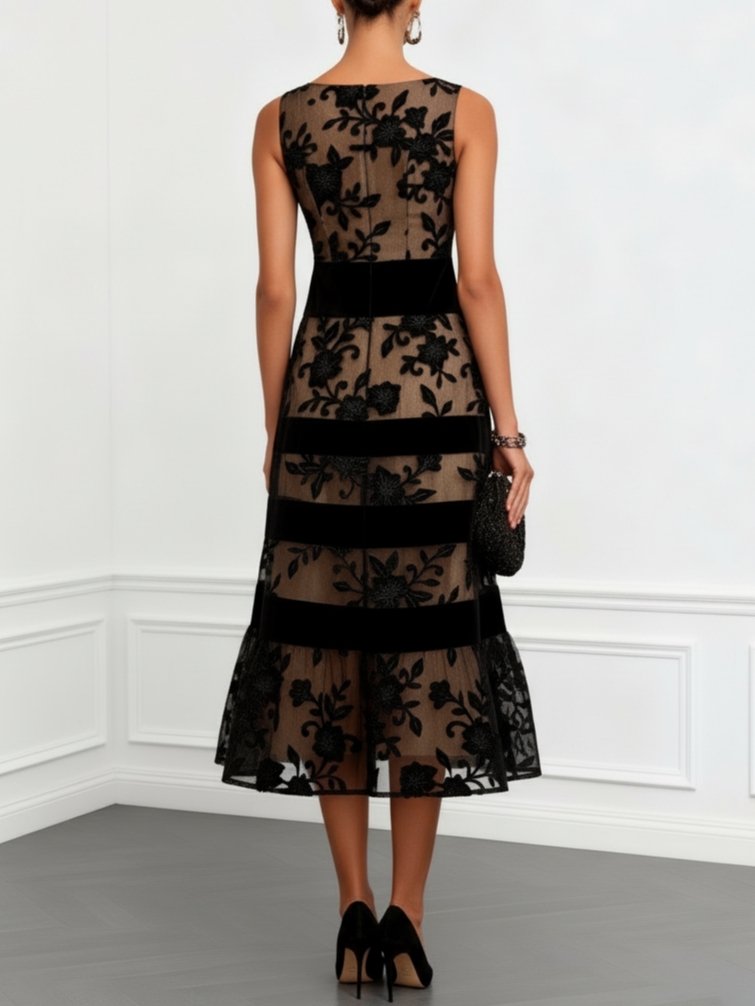Black Floral Mesh A-Line Midi Dress