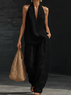 Sleeveless V-Neck Top and Wide Leg Pants Set - Eliza Blake