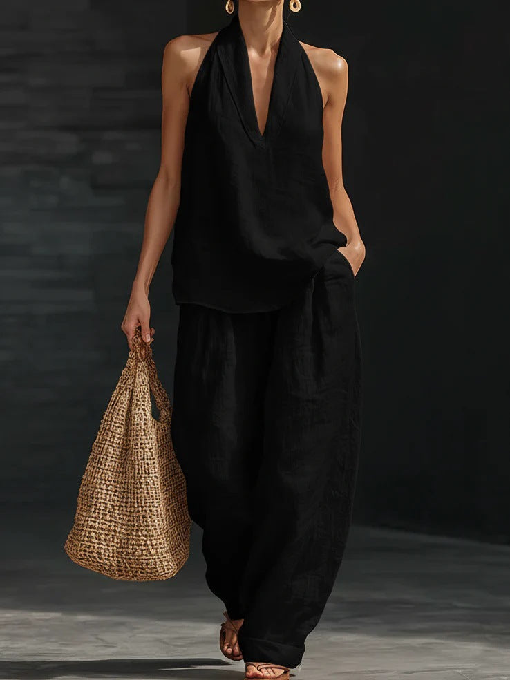 Sleeveless V-Neck Top and Wide Leg Pants Set - Eliza Blake