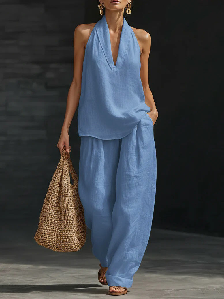 Sleeveless V-Neck Top and Wide Leg Pants Set - Eliza Blake