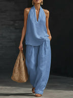 Sleeveless V-Neck Top and Wide Leg Pants Set - Eliza Blake
