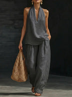 Sleeveless V-Neck Top and Wide Leg Pants Set - Eliza Blake