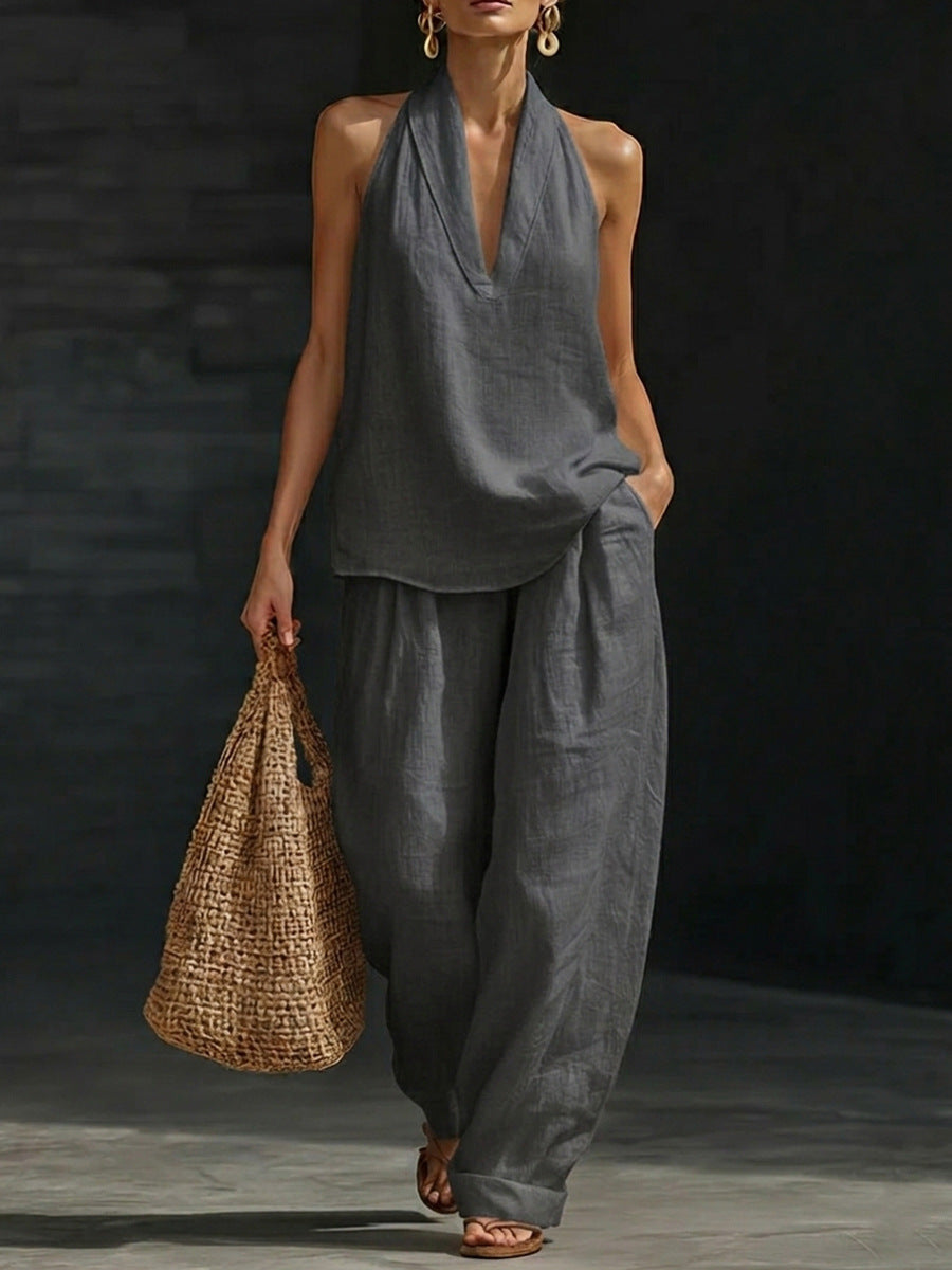 Sleeveless V-Neck Top and Wide Leg Pants Set - Eliza Blake