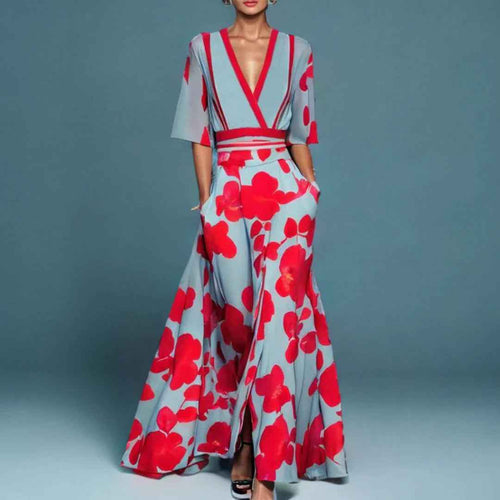 Blue and Red Floral Wrap Maxi Dress