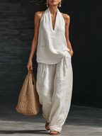 Sleeveless V-Neck Top and Wide Leg Pants Set - Eliza Blake