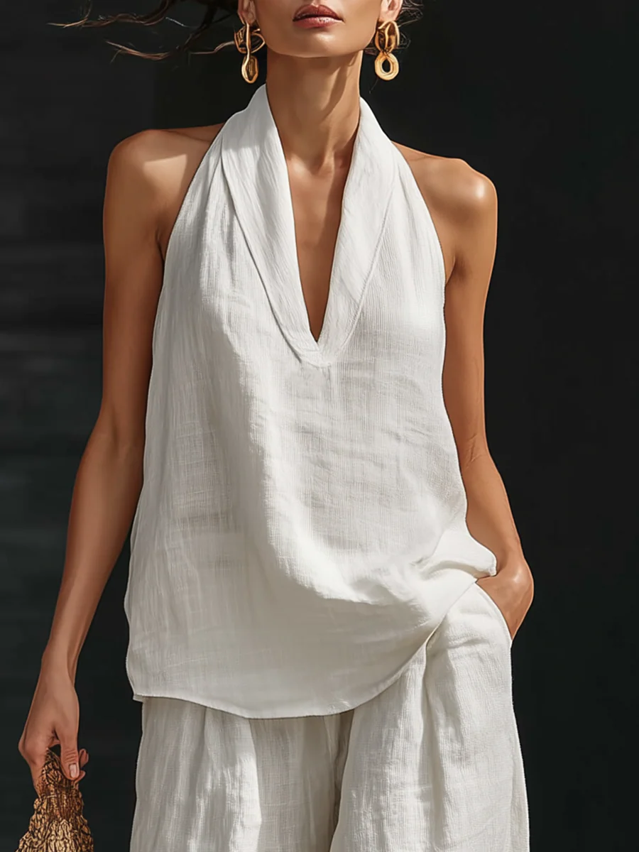 Sleeveless V-Neck Top and Wide Leg Pants Set - Eliza Blake