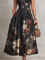 Black Floral Satin Midi Dress - Eliza Blake