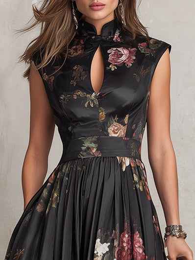 Black Floral Satin Midi Dress