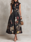 Black Floral Satin Midi Dress - Eliza Blake