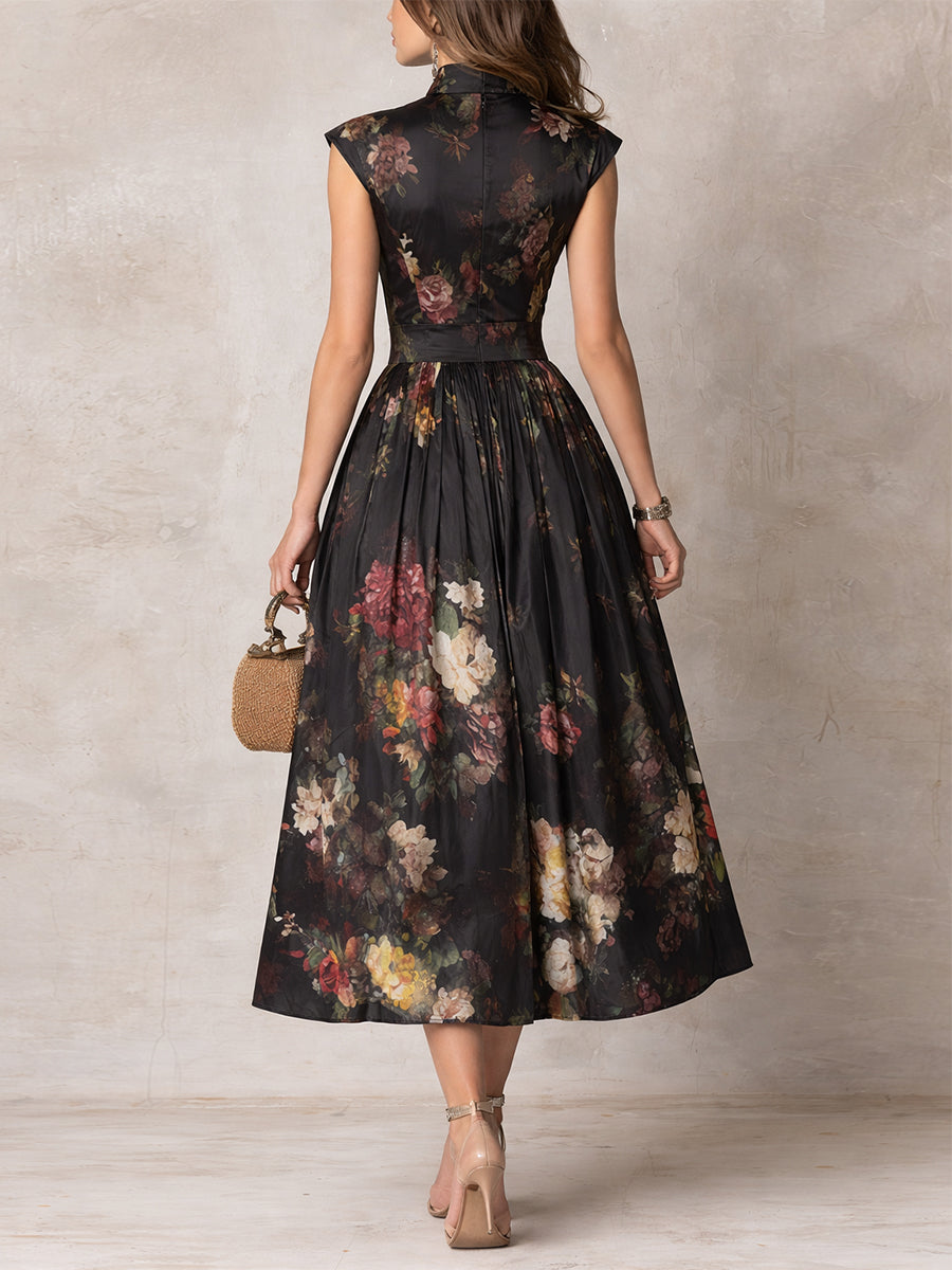 Black Floral Satin Midi Dress - Eliza Blake