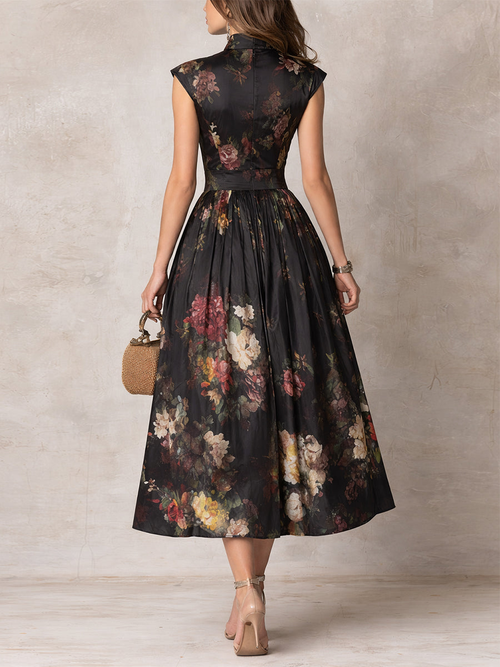 Black Floral Satin Midi Dress - Eliza Blake