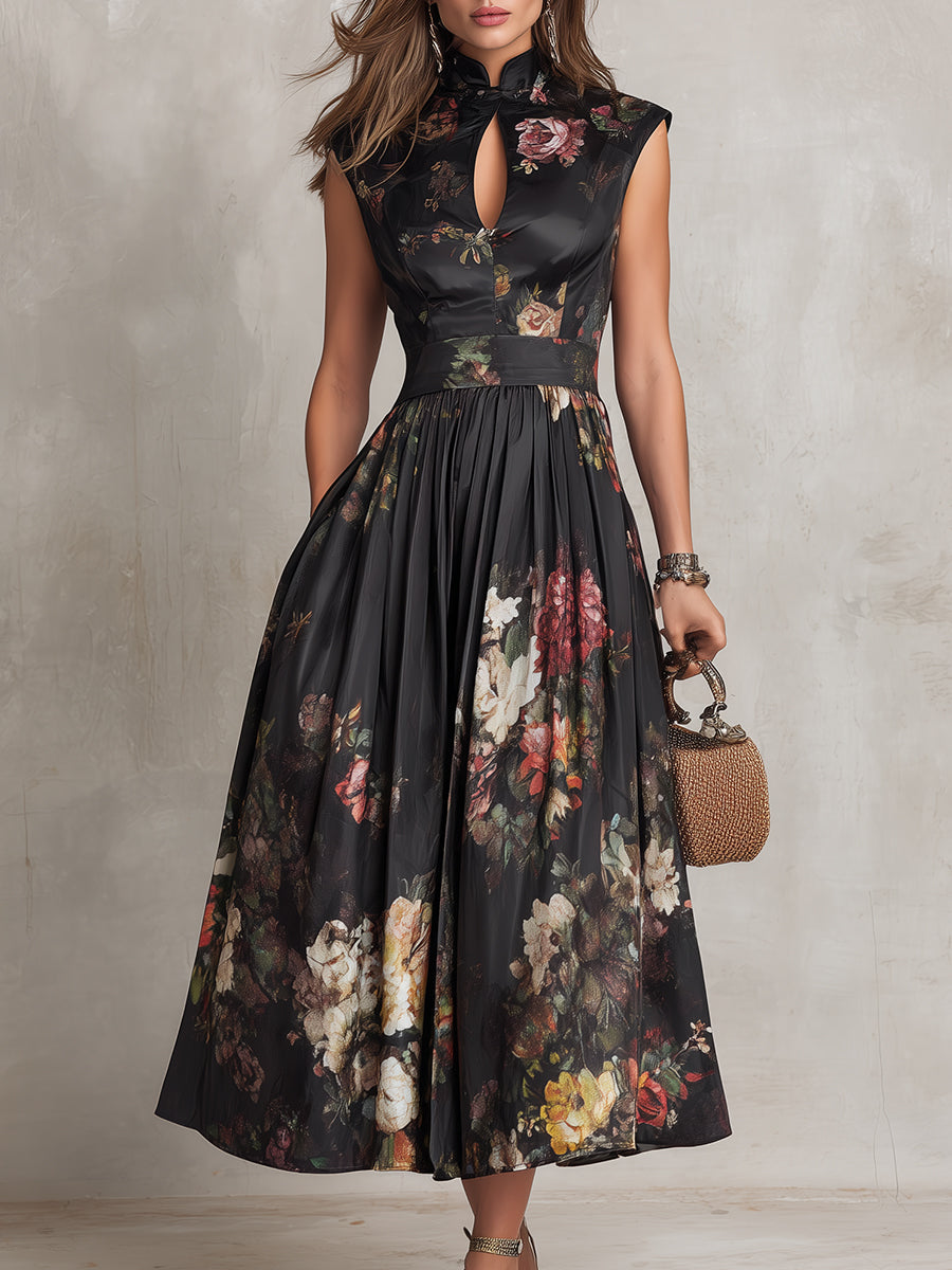 Black Floral Satin Midi Dress - Eliza Blake