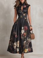 Black Floral Satin Midi Dress - Eliza Blake