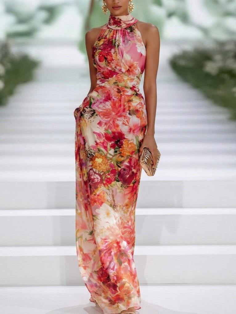 Red Floral Chiffon Maxi Dress - Eliza Blake