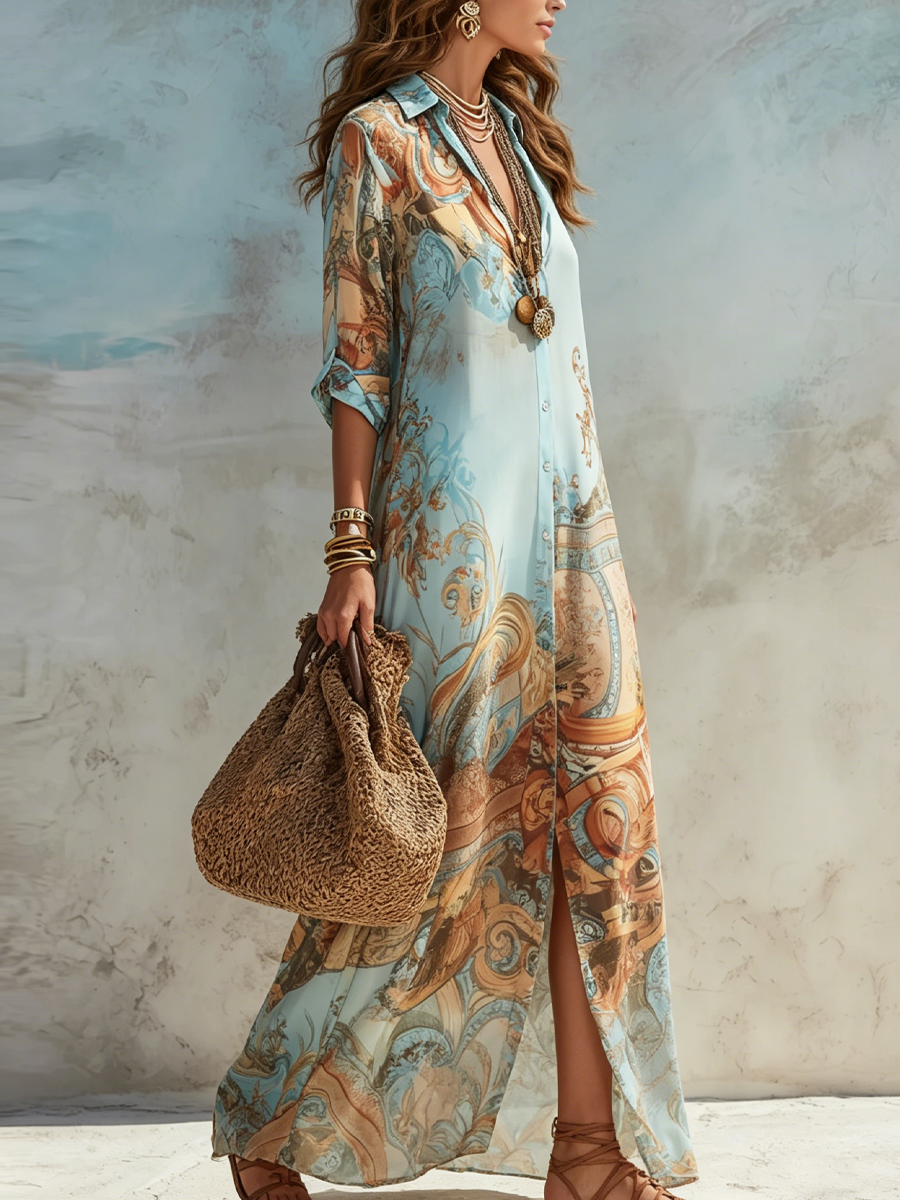 Blue Floral Print Shirt Maxi Dress - Eliza Blake