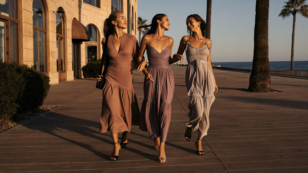 Three women in elegant midi and maxi dresses walking on a coastal promenade at golden hour