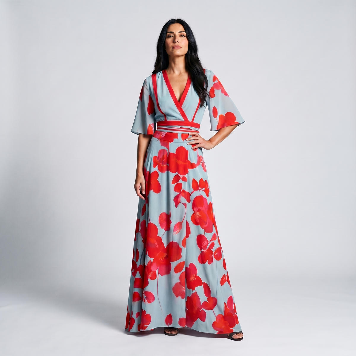 Blue and Red Floral Wrap Maxi Dress - Eliza Blake