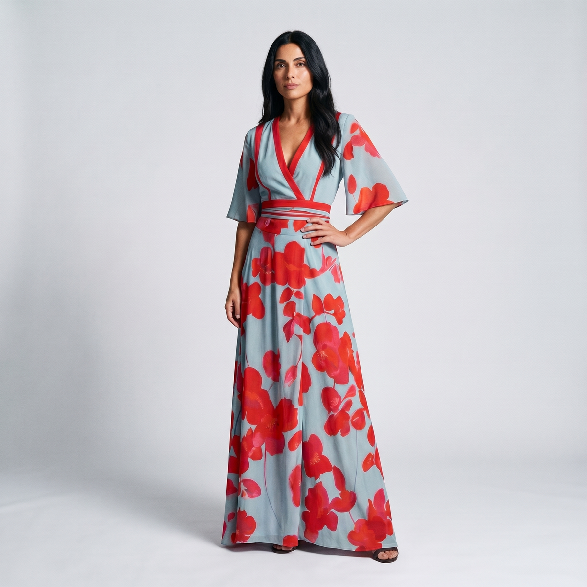 Blue and Red Floral Wrap Maxi Dress - Eliza Blake